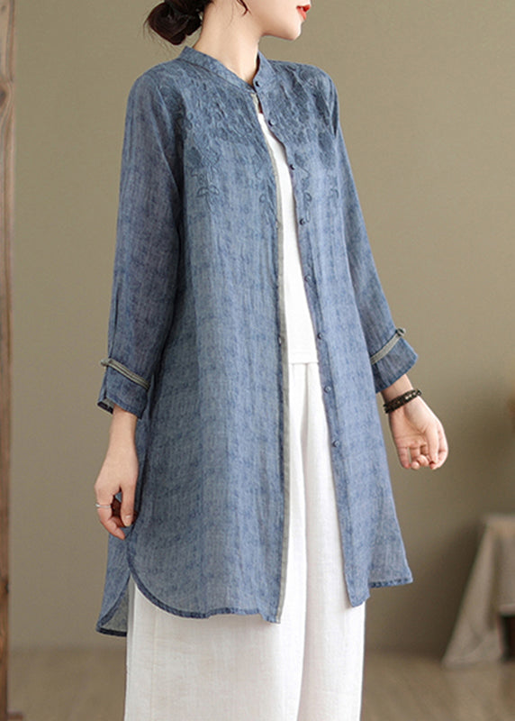 Blue Button Side Open Mid Shirts Spring