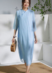 Blue Chinese Button Patchwork Silk Dress Tasseled Summer
