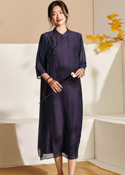 Blue Chinese Button Patchwork Silk Dress Tasseled Summer