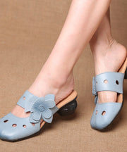 Blue Chunky Cowhide Leather Floral Hollow Out Slide Sandals