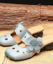 Blue Chunky Cowhide Leather Floral Hollow Out Slide Sandals