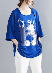 Blue Cinched Cotton Hooded T Shirt Summer