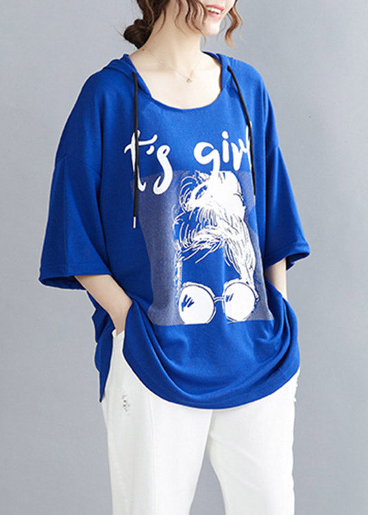 Blue Cinched Cotton Hooded T Shirt Summer
