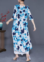 Blue Circle Print Loose Cotton Long Dresses Exra Large Hem Summer