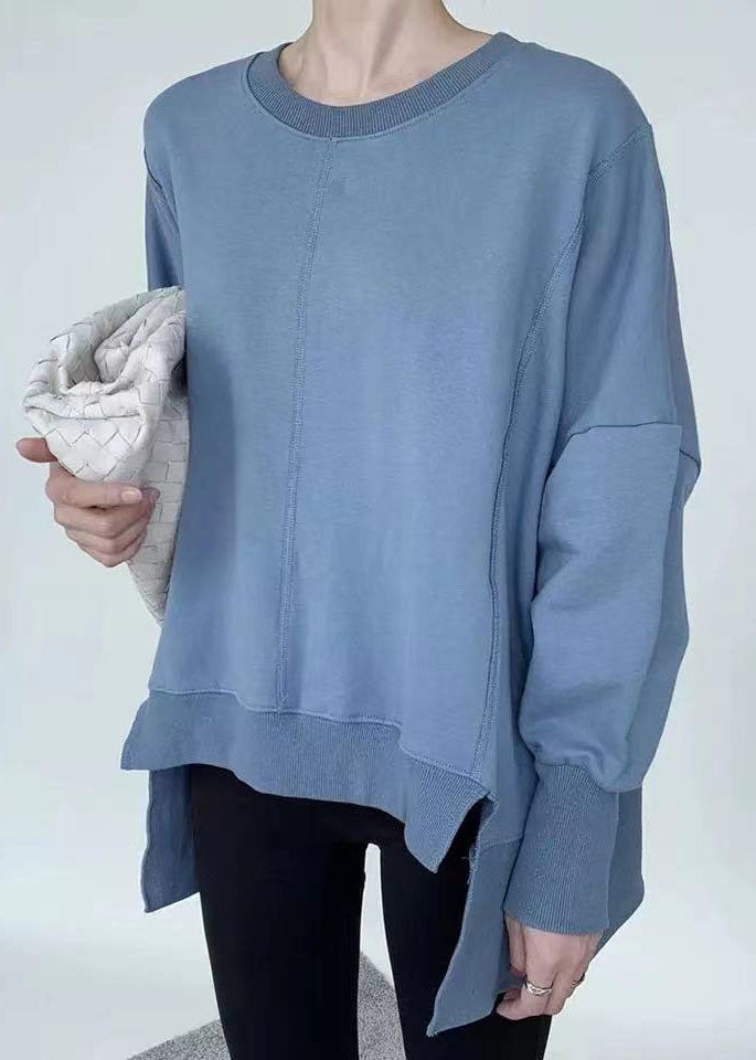 Blue Cotton Loose Sweatshirt O-Neck Low High Design Spring