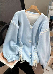 Blue Cozy Patchwork Cotton Knit Cotton V Neck Long Sleeve
