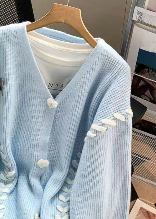 Blue Cozy Patchwork Cotton Knit Cotton V Neck Long Sleeve