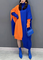Blue Cozy Patchwork Cotton Knit Dresses Turtleneck Batwing Sleeve