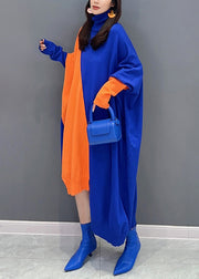 Blue Cozy Patchwork Cotton Knit Dresses Turtleneck Batwing Sleeve