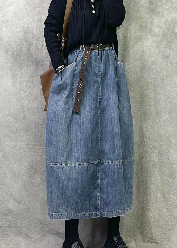 Blue Elastic Waist Patchwork Denim A Line Skirts Pockets