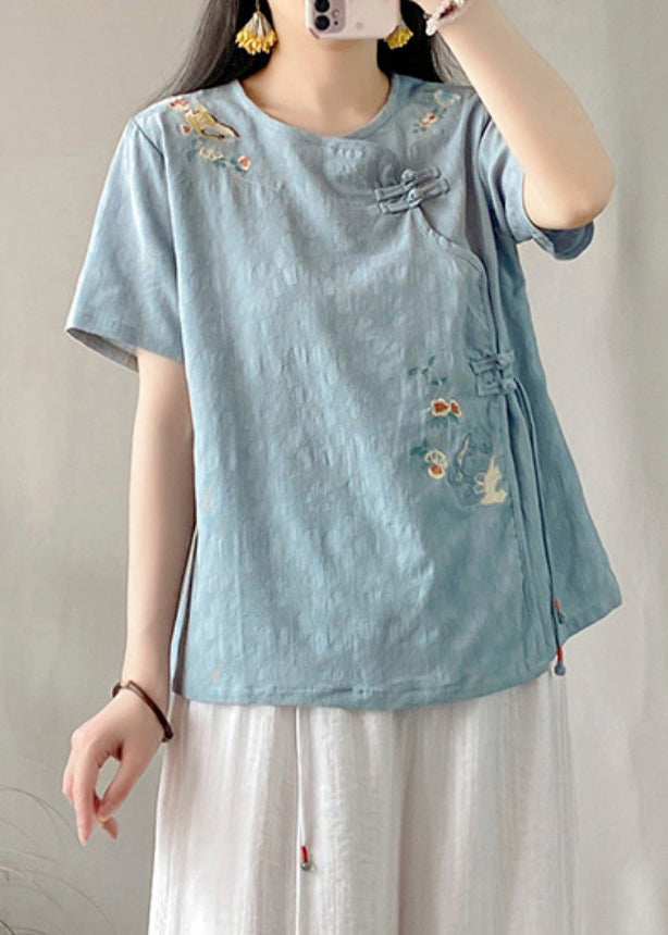 Blue Embroidered Button Patchwork Linen Top O-Neck Short Sleeve