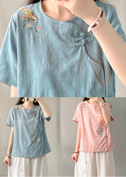Blue Embroidered Button Patchwork Linen Top O-Neck Short Sleeve