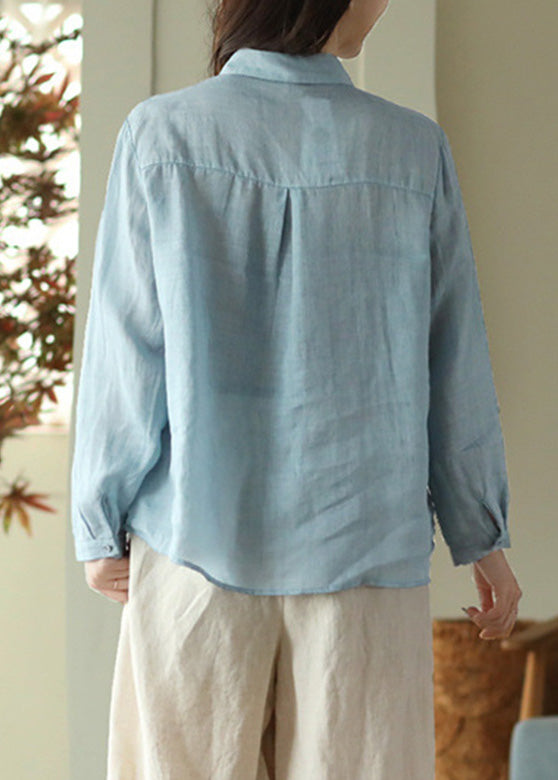 Blue Embroidered Button Ramie Shirt Long Sleeve