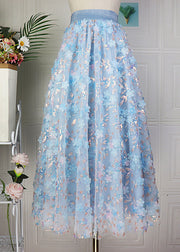 Blue Embroidered Floral Elastic Waist Tulle Maxi Skirt Spring