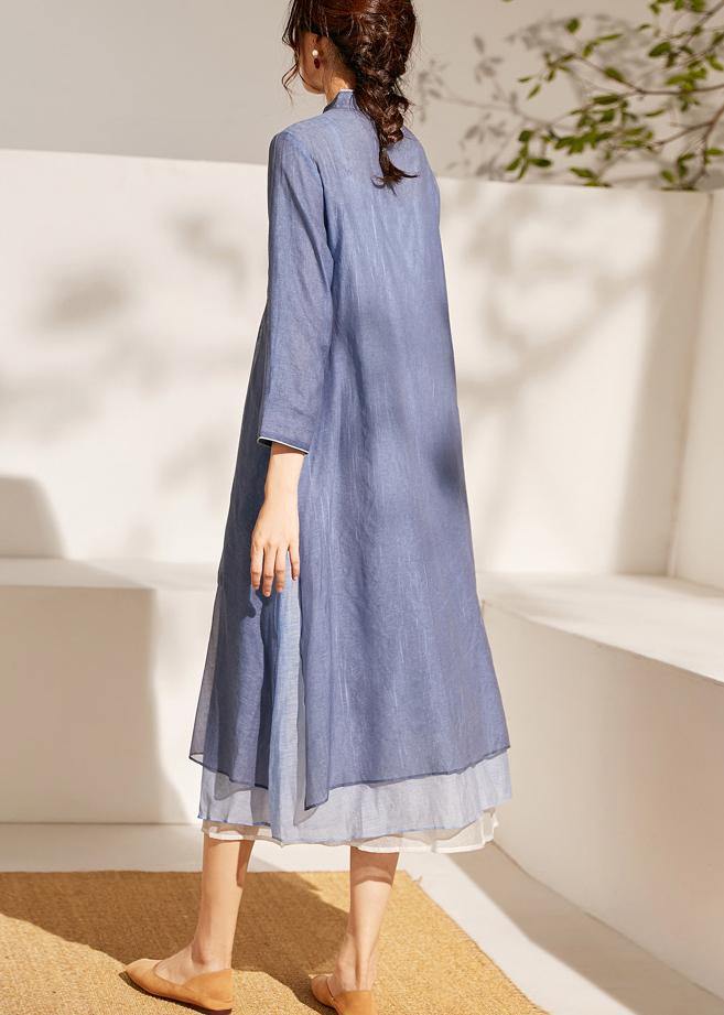 Blue Embroideried Patchwork Button Summer Blended Holiday Dress - SooLinen