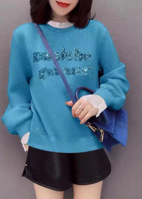Blaues besticktes Patchwork-Herbst-Sweatshirt mit Rüschen Street Wear