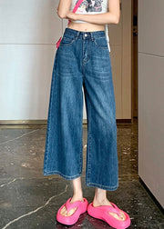 Blue Fashion Pockets Denim Wide Leg Crop Pants Thin Summer
