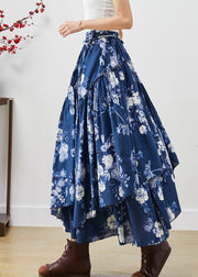 Blue Floral Cotton Skirts Asymmetrical Exra Large Hem Fall