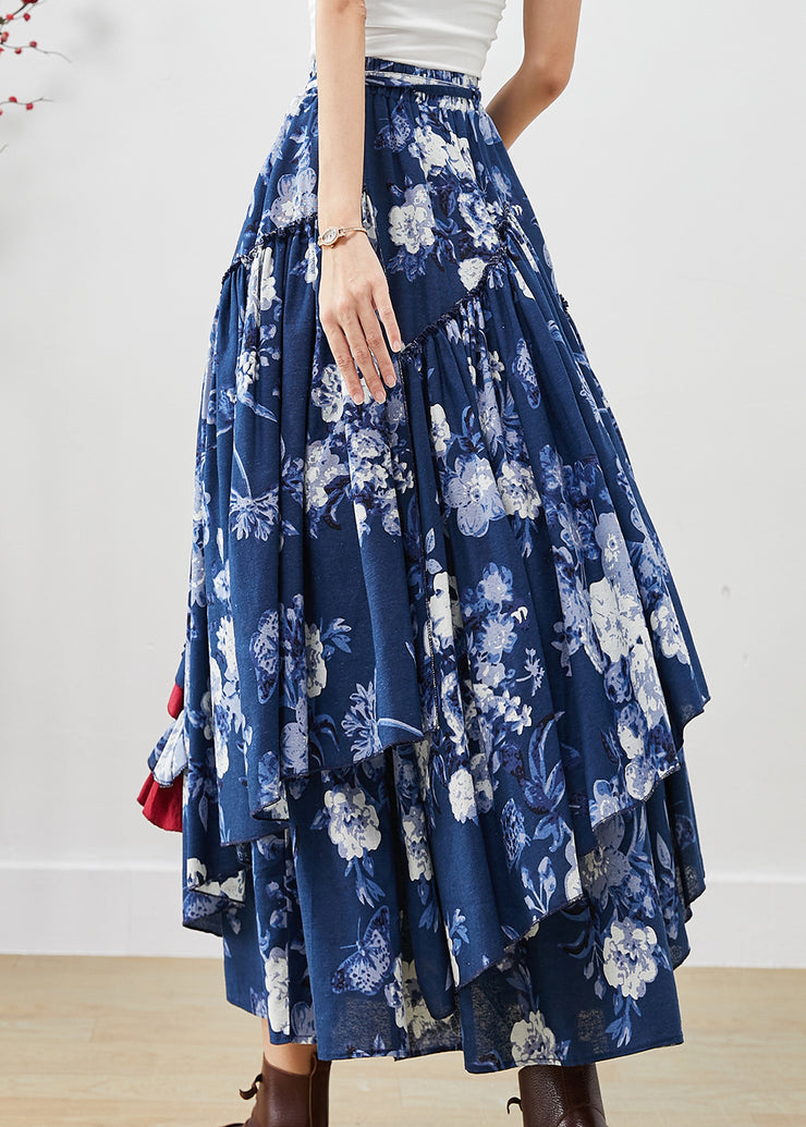 Blue Floral Cotton Skirts Asymmetrical Exra Large Hem Fall