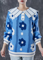 Blue Floral Jacquard Knitted Tops Oversized Pearls Spring