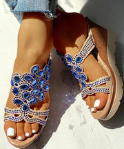 Blue Gemstone High Wedge Heels Faux Leather 2024 Peep Toe Slide Sandals
