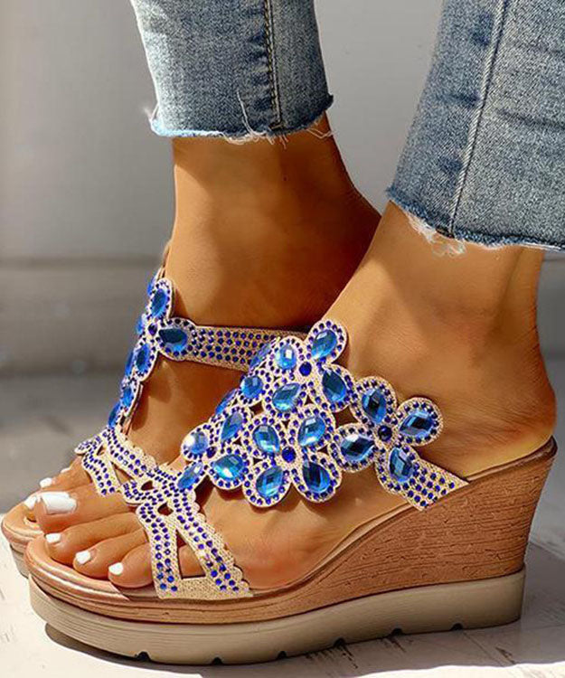 Blue Gemstone High Wedge Heels Faux Leather 2024 Peep Toe Slide Sandals