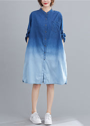 Blue Gradient Color Denim Holiday Dress Stand Collar Fall