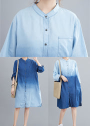 Blue Gradient Color Denim Holiday Dress Stand Collar Fall