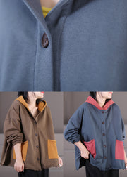 Blue Grey Colour Button Cotton Hooded Coats Fall