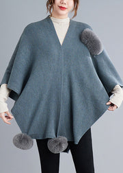 Blue Grey Patchwork Knit Cape Coats Fuzzy Ball Asymmetrical Fall