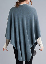 Blue Grey Patchwork Knit Cape Coats Fuzzy Ball Asymmetrical Fall