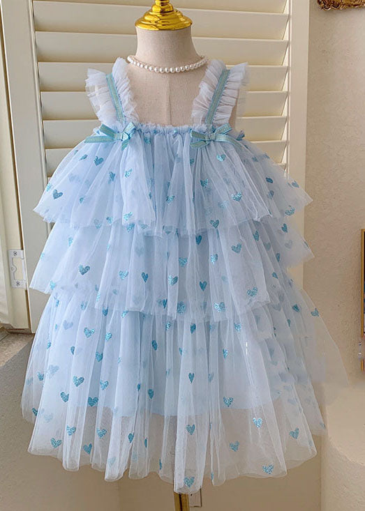 Blue Heart Patchwork Tulle Baby Girls Dresses Bow Wrinkled Sleeveless