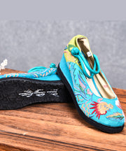 Blaue High Wedge Heels Schuhe Wedge Cotton Fabric Handmade Embroideried Patchwork Buckle Strap High Wedge Heels Schuhe