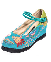 Blue High Wedge Heels Shoes Wedge Cotton Fabric Handmade Embroidered Patchwork Buckle Strap High Wedge Heels Shoes