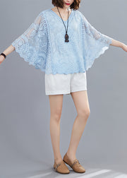 Blue Hollow Out Cotton Shirt Top Embroidered Batwing Sleeve
