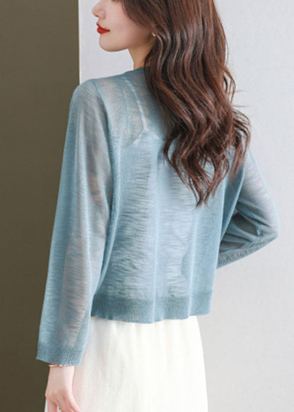 Blue Hollow Out Ice Size Knit Cardigans Long Sleeve