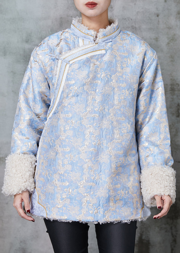 Blue Jacquard Fleece Wool Lined Coat Outwear Chinese Button Spring