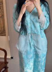 Blue Jacquard Patchwork Silk Two-Piece Set Pajamas V Neck Long Sleeve