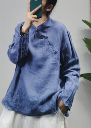 Blue Loose Linen Shirt Top Button Long Sleeve