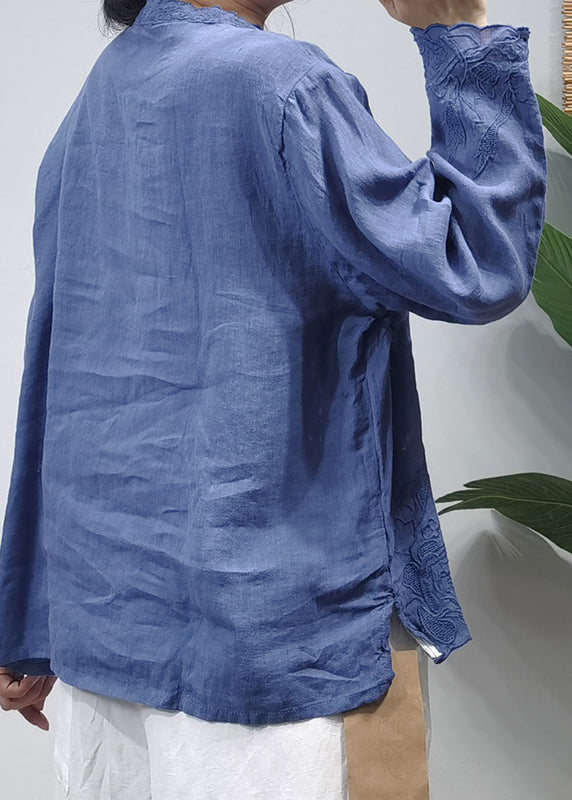 Blue Loose Linen Shirt Top Button Long Sleeve