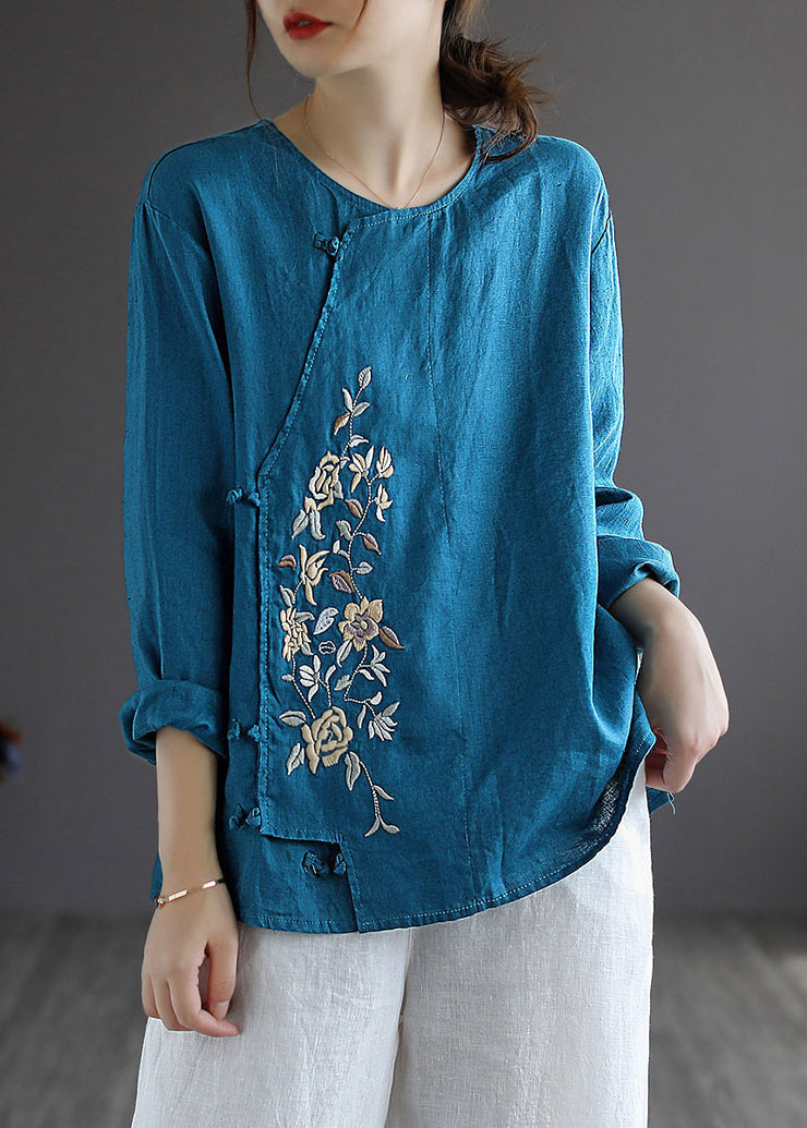 Blue Loose Linen Shirt Tops Embroidered Long Sleeve
