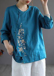 Blaue, lockere Leinenhemd-Oberteile, bestickt, mit langen Ärmeln