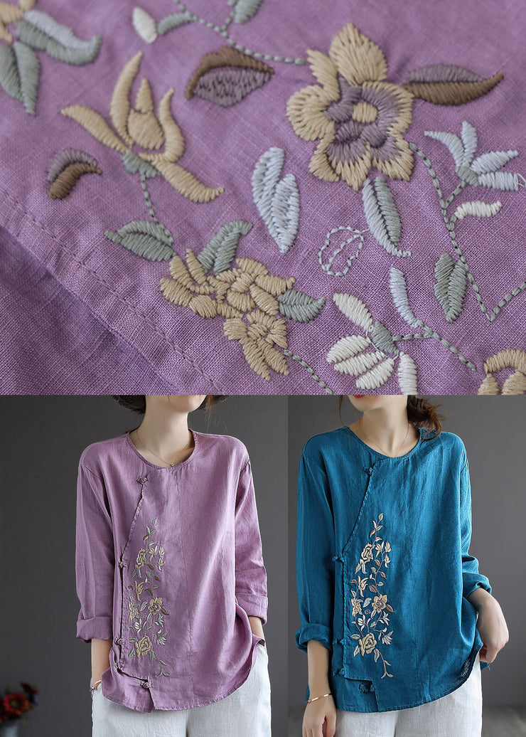 Blue Loose Linen Shirt Tops Embroidered Long Sleeve