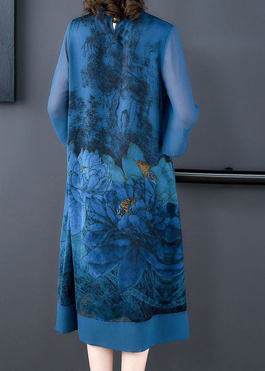 Blue Lotus Print Patchwork Silk Dresses Tasseled Stand Collar Summer