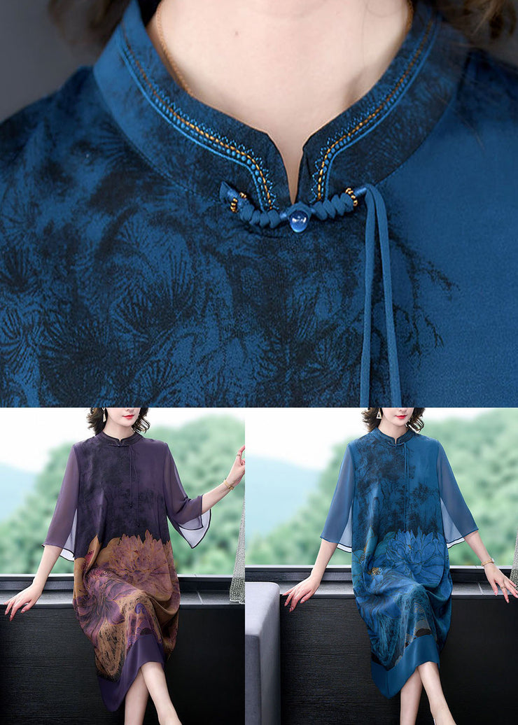 Blue Lotus Print Patchwork Silk Dresses Tasseled Stand Collar Summer