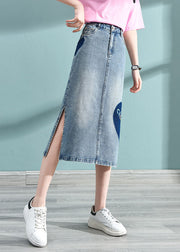 Blue Love Printing Wrap Cotton Denim Skirt High Waist Pockets Summer