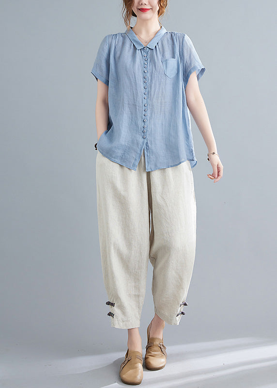 Blue Low High Design Top And Harem Pants Two Pieces Set Short Sleeve