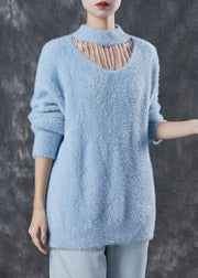 Blue Mink Hair Knitted Sweater Tops Tasseled Hollow Out Winter