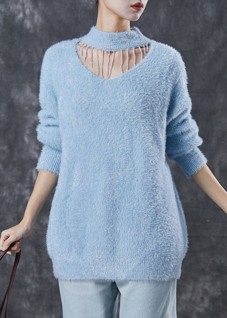 Blue Mink Hair Knitted Sweater Tops Tasseled Hollow Out Winter