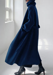Blaue Wollmäntel mit gekerbter Taille und langen Ärmeln